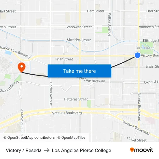 Victory / Reseda to Los Angeles Pierce College map