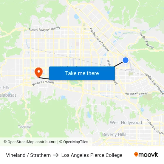 Vineland / Strathern to Los Angeles Pierce College map