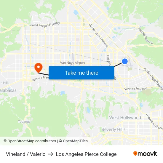 Vineland / Valerio to Los Angeles Pierce College map