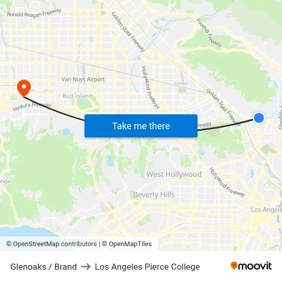 Glenoaks / Brand to Los Angeles Pierce College map