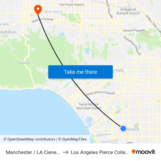 Manchester / LA Cienega to Los Angeles Pierce College map