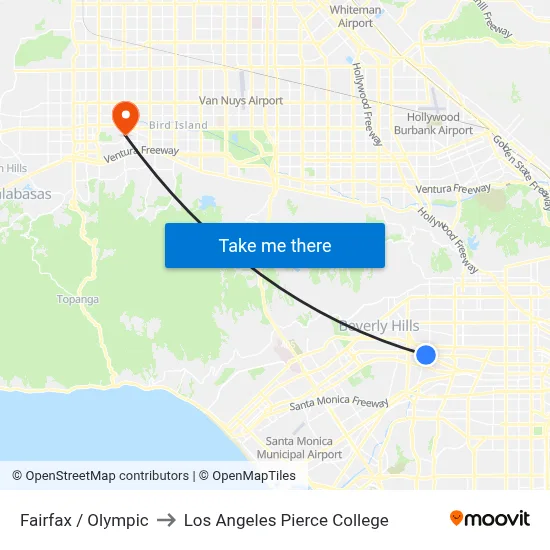 Fairfax / Olympic to Los Angeles Pierce College map