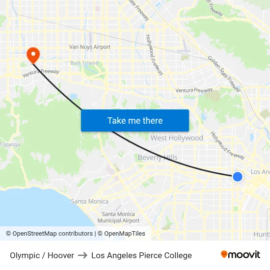 Olympic / Hoover to Los Angeles Pierce College map