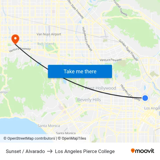 Sunset / Alvarado to Los Angeles Pierce College map