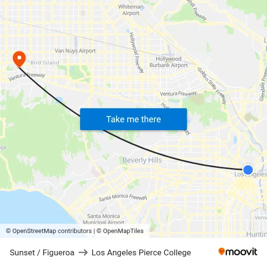 Sunset / Figueroa to Los Angeles Pierce College map