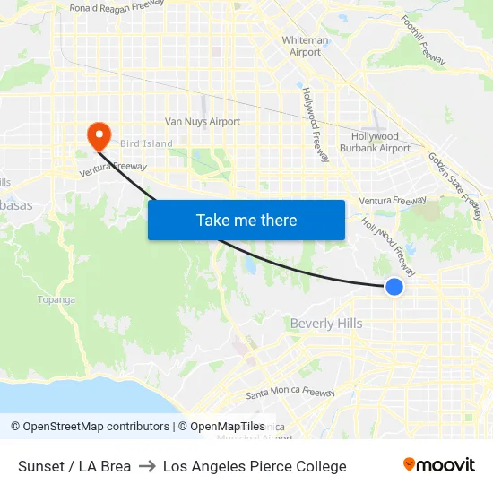 Sunset / LA Brea to Los Angeles Pierce College map