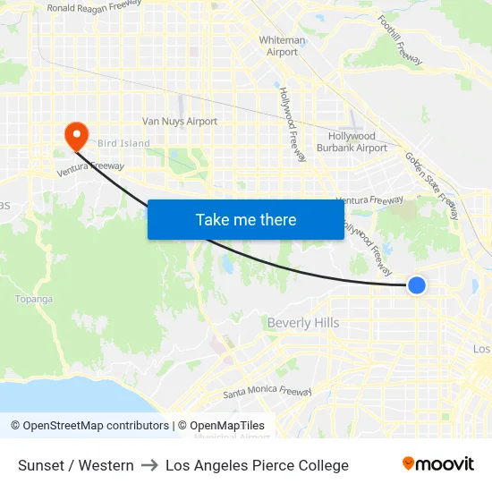 Sunset / Western to Los Angeles Pierce College map