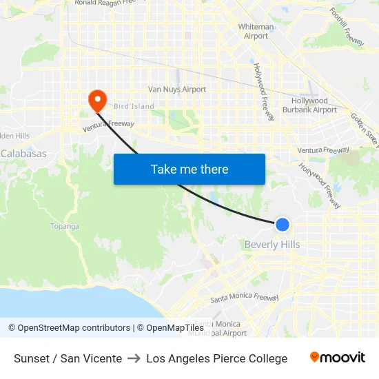 Sunset / San Vicente to Los Angeles Pierce College map