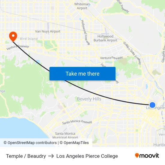 Temple / Beaudry to Los Angeles Pierce College map