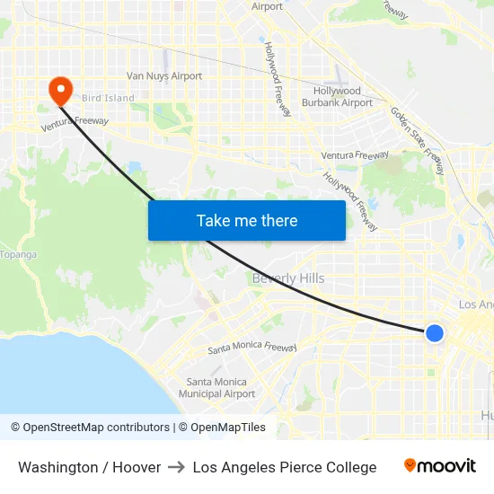 Washington / Hoover to Los Angeles Pierce College map