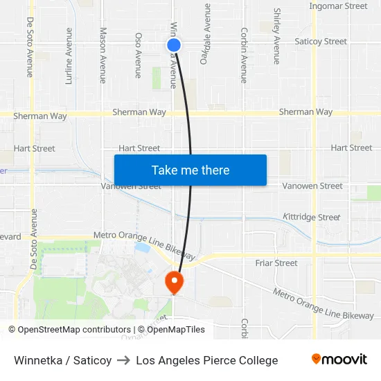 Winnetka / Saticoy to Los Angeles Pierce College map