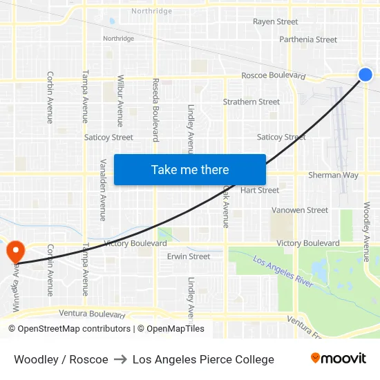 Woodley / Roscoe to Los Angeles Pierce College map