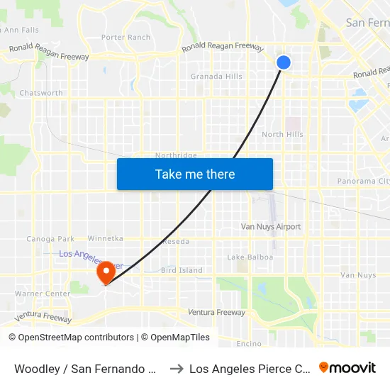 Woodley / San Fernando Mission to Los Angeles Pierce College map