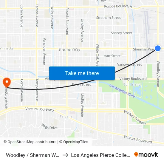 Woodley / Sherman Way to Los Angeles Pierce College map