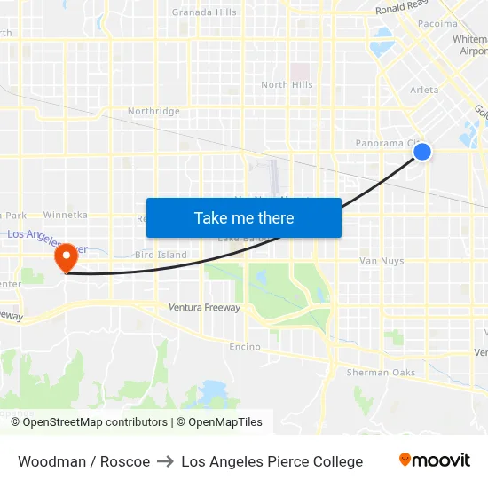Woodman / Roscoe to Los Angeles Pierce College map