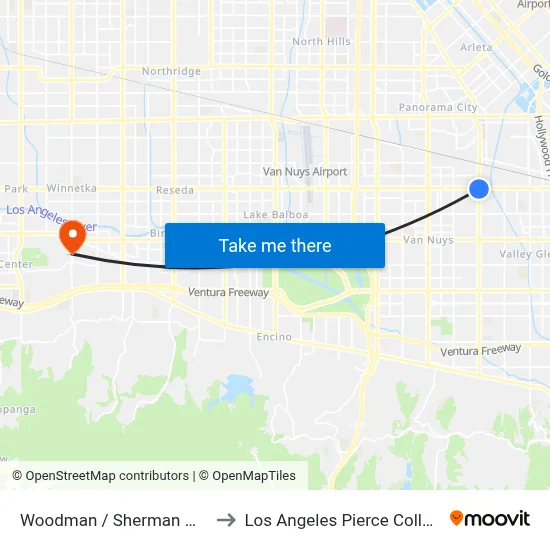 Woodman / Sherman Way to Los Angeles Pierce College map