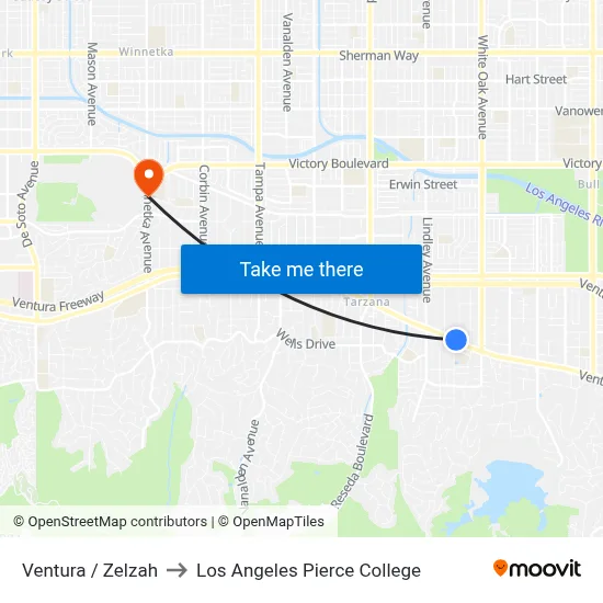 Ventura / Zelzah to Los Angeles Pierce College map