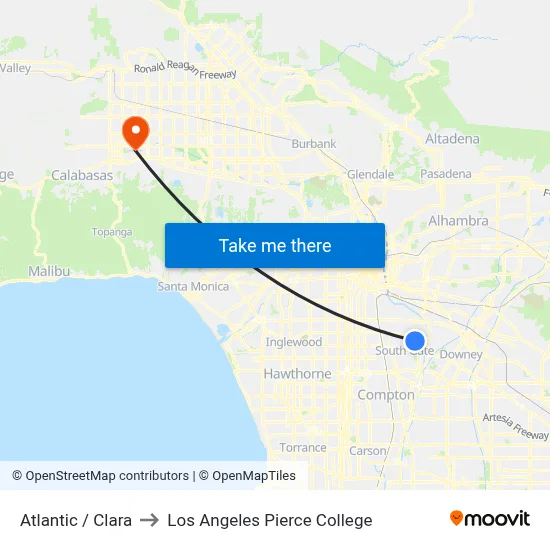 Atlantic / Clara to Los Angeles Pierce College map