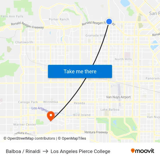 Balboa / Rinaldi to Los Angeles Pierce College map