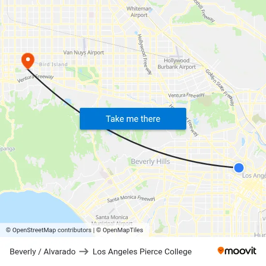 Beverly / Alvarado to Los Angeles Pierce College map