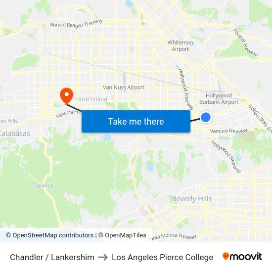 Chandler / Lankershim to Los Angeles Pierce College map
