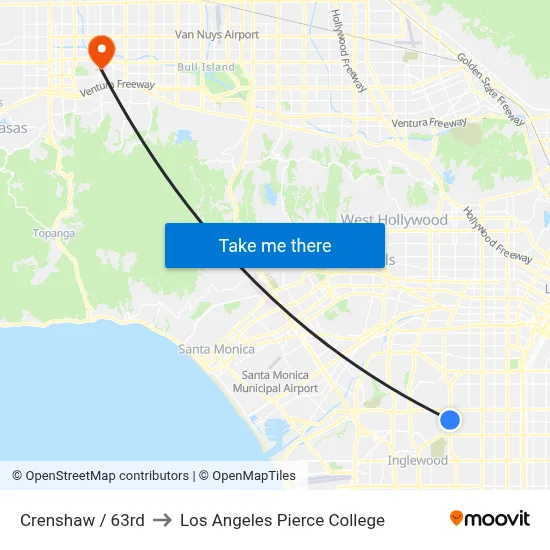 Crenshaw / 63rd to Los Angeles Pierce College map