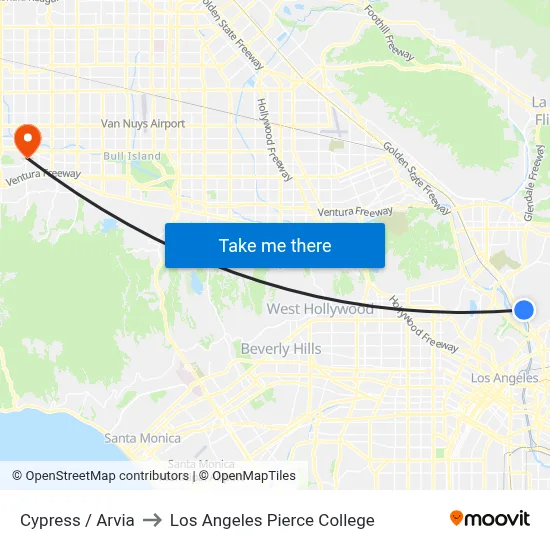 Cypress / Arvia to Los Angeles Pierce College map