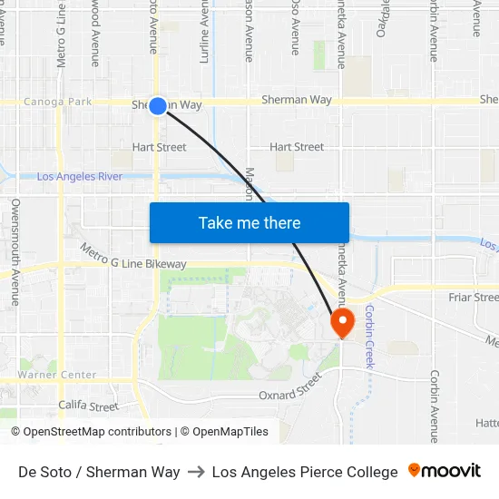De Soto / Sherman Way to Los Angeles Pierce College map