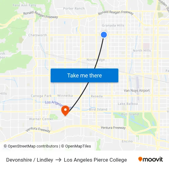 Devonshire / Lindley to Los Angeles Pierce College map