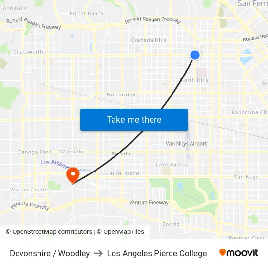 Devonshire / Woodley to Los Angeles Pierce College map