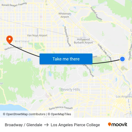Broadway / Glendale to Los Angeles Pierce College map