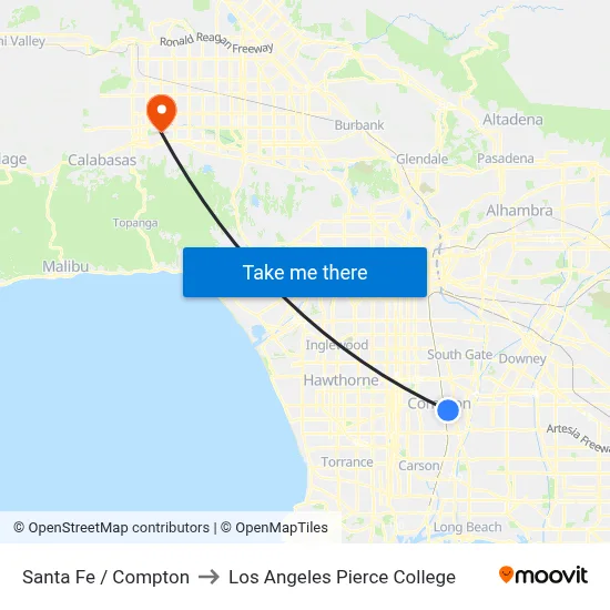 Santa Fe / Compton to Los Angeles Pierce College map