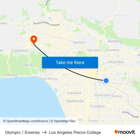 Olympic / Downey to Los Angeles Pierce College map