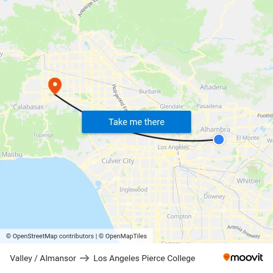 Valley / Almansor to Los Angeles Pierce College map