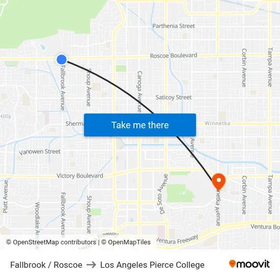 Fallbrook / Roscoe to Los Angeles Pierce College map