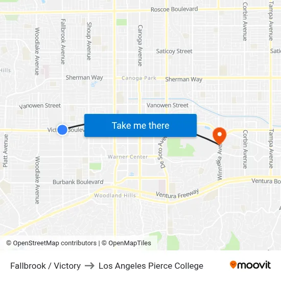 Fallbrook / Victory to Los Angeles Pierce College map