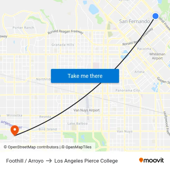 Foothill / Arroyo to Los Angeles Pierce College map