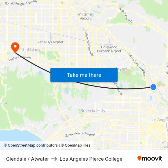 Glendale / Atwater to Los Angeles Pierce College map