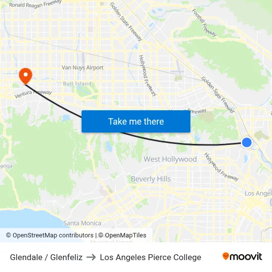Glendale / Glenfeliz to Los Angeles Pierce College map