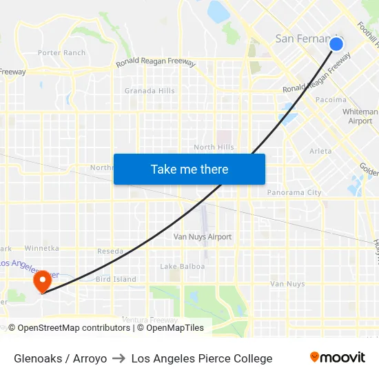 Glenoaks / Arroyo to Los Angeles Pierce College map