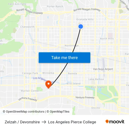 Zelzah / Devonshire to Los Angeles Pierce College map