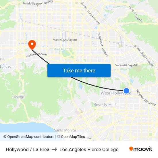 Hollywood / La Brea to Los Angeles Pierce College map