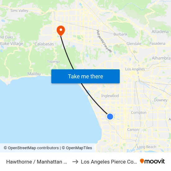 Hawthorne / Manhattan Beach to Los Angeles Pierce College map