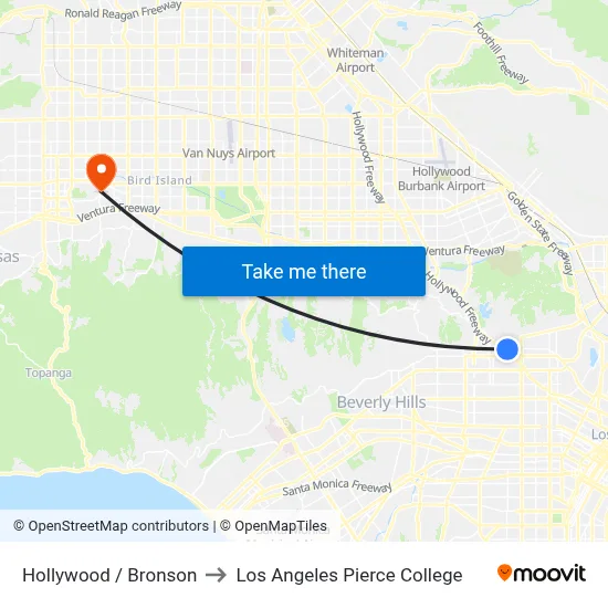 Hollywood / Bronson to Los Angeles Pierce College map