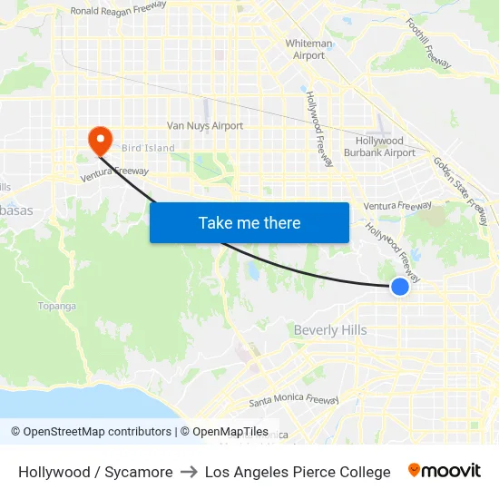Hollywood / Sycamore to Los Angeles Pierce College map