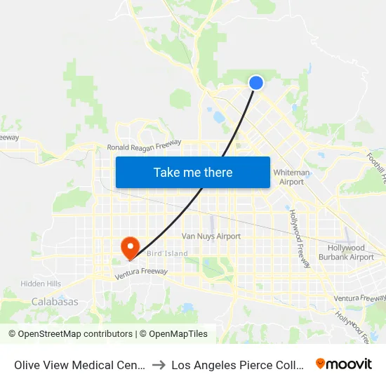 Olive View Medical Center to Los Angeles Pierce College map