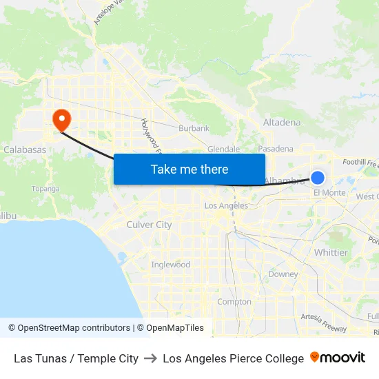 Las Tunas / Temple City to Los Angeles Pierce College map