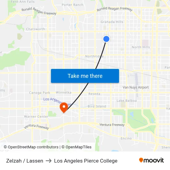 Zelzah / Lassen to Los Angeles Pierce College map