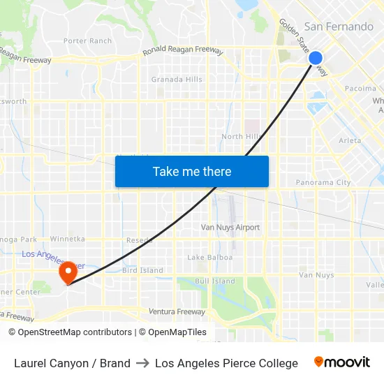 Laurel Canyon / Brand to Los Angeles Pierce College map