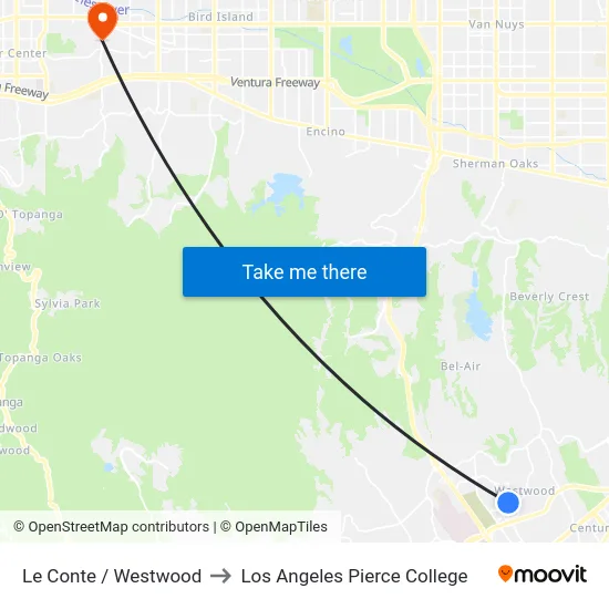Le Conte / Westwood to Los Angeles Pierce College map